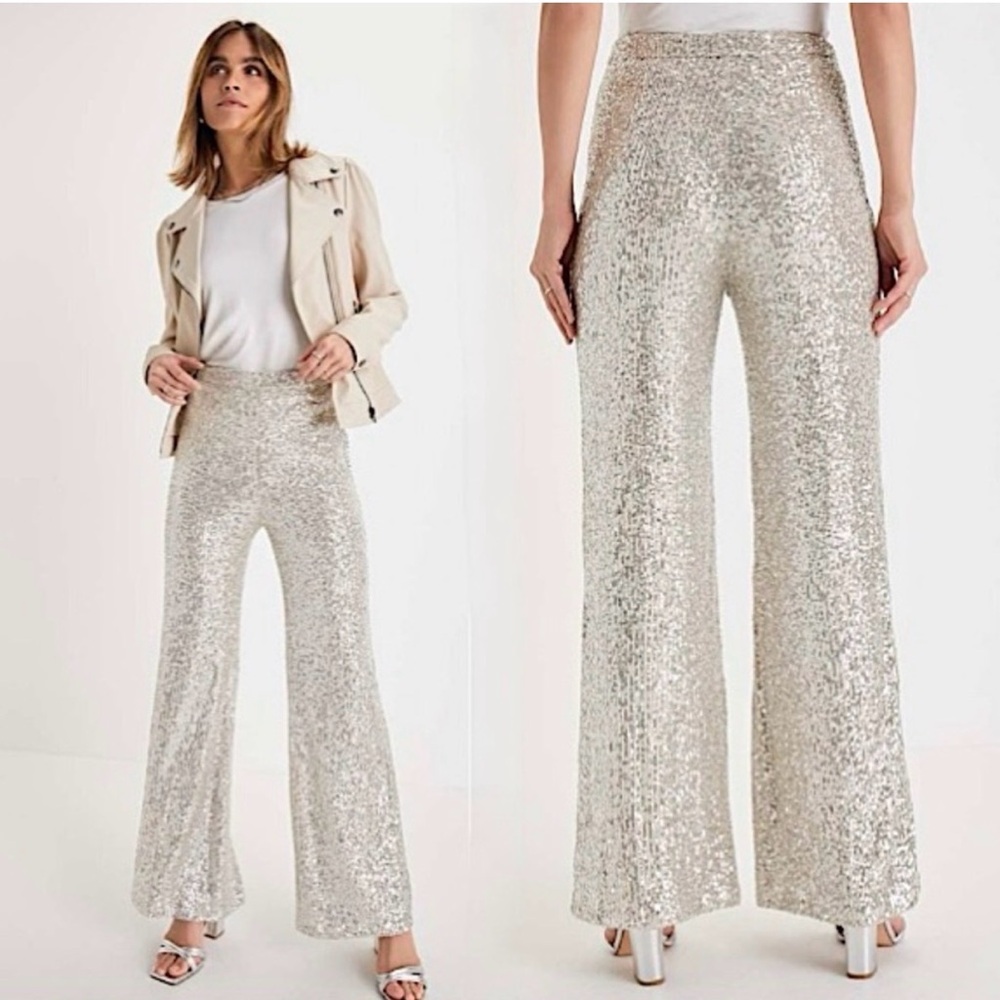 Lulus Sparkly Session Beige Sequin High Rise Wide-LegTrouser Pants, Size M, NWT